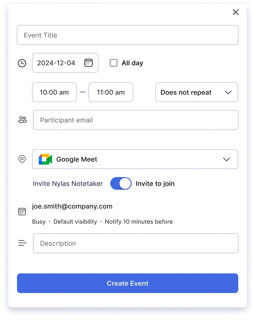 Dynamic event builder modal with conferencing and attendee controls