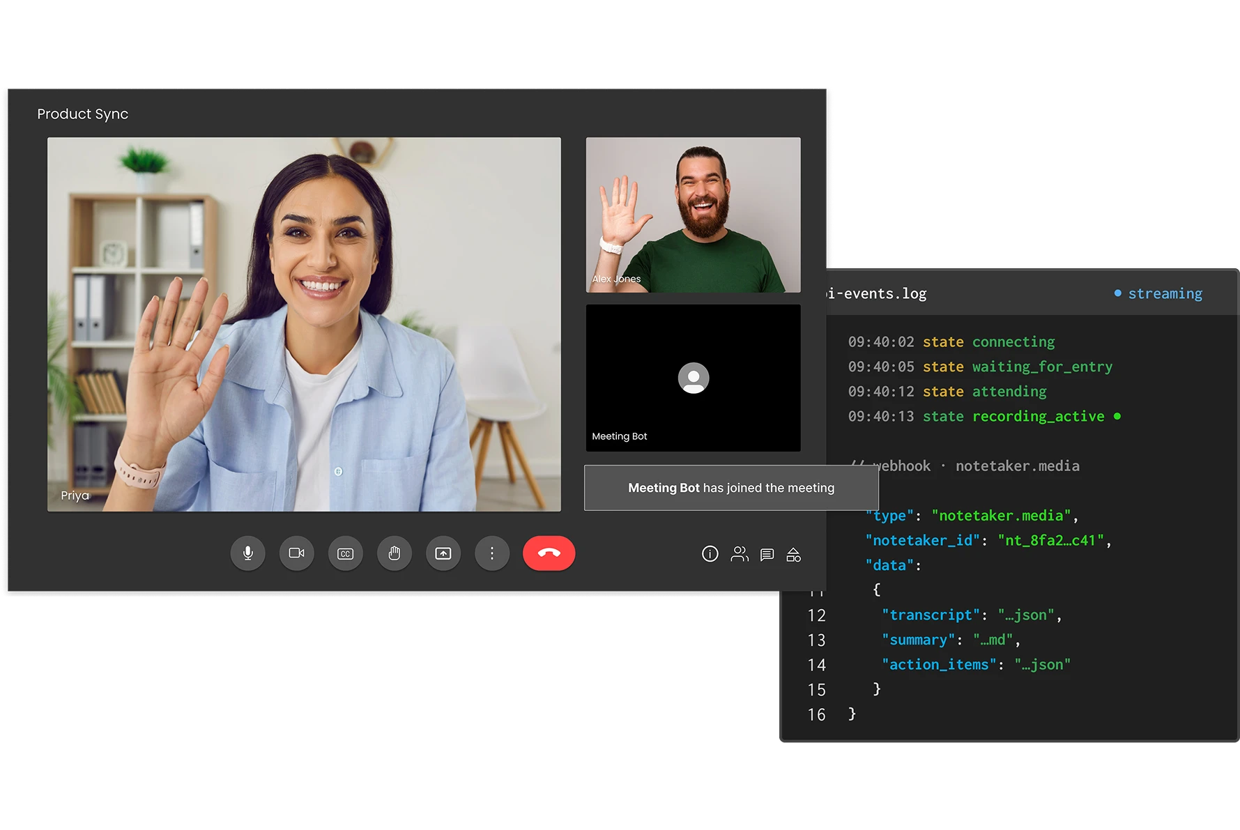 Notetaker bot joining a video call with a streaming events log