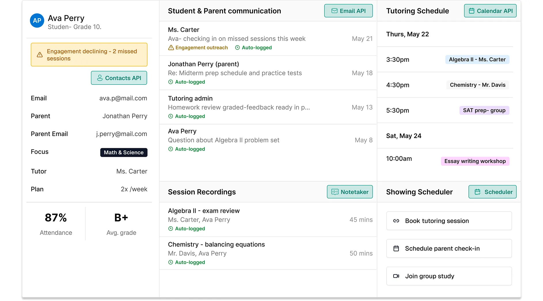 Education platform showing live class scheduling, messaging, session recordings, and contact management