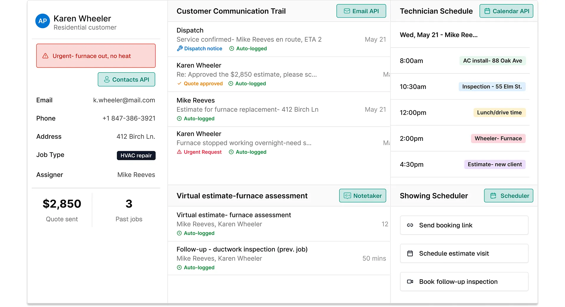 Field service platform showing customer booking, tech scheduling, job communication, and follow-up
