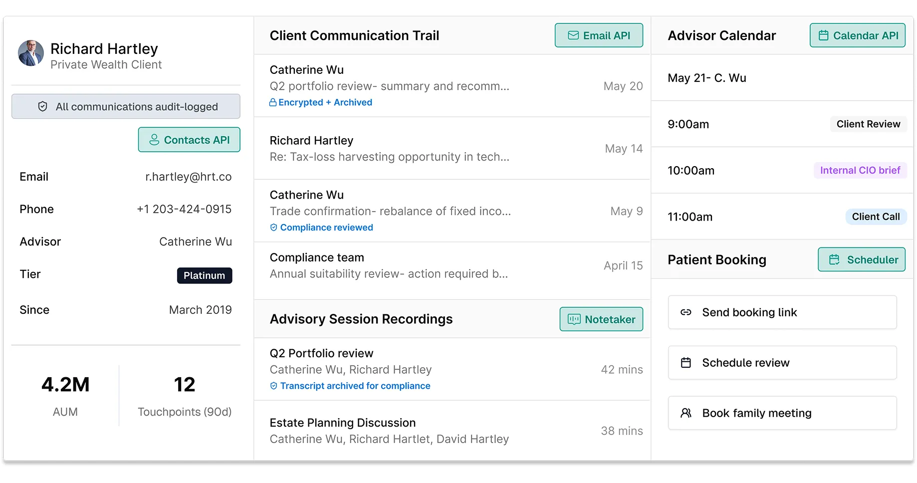 Financial advisor platform with client emails, calendar reviews, contacts, and meeting intelligence