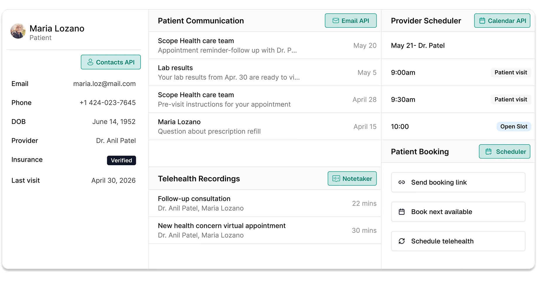 Healthcare platform showing patient scheduling, provider communications, visit summaries, and care workflow context