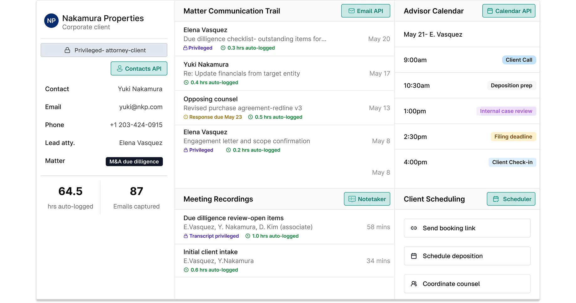 Legal practice management matter view with email, deadlines, meetings, and scheduling context