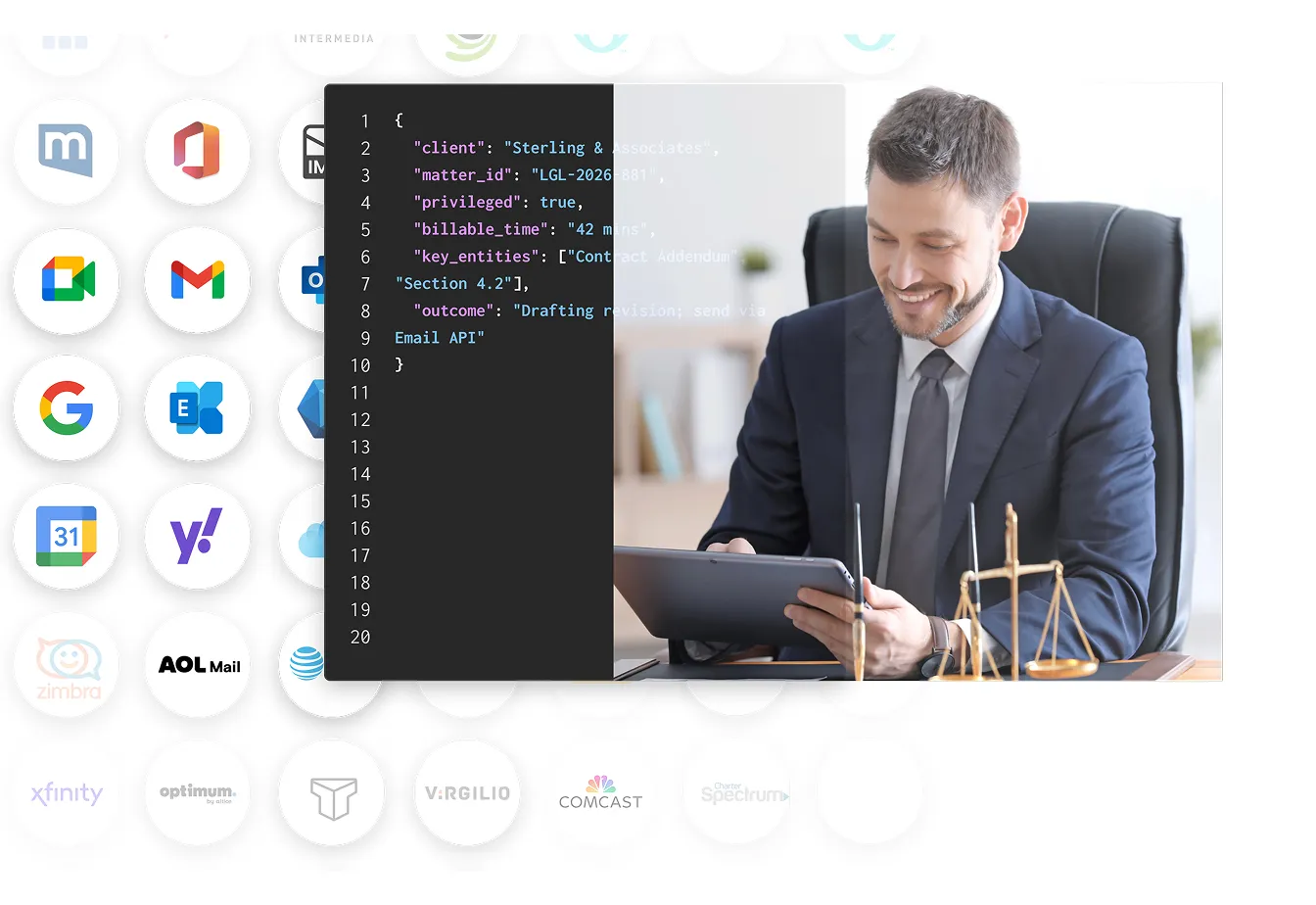 Legal practice management platform with client email, calendar deadlines, and matter context