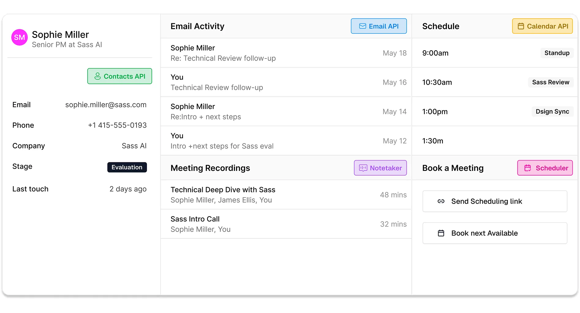 Unified CRM record showing contacts, email activity, schedule, meeting recordings, and booking actions